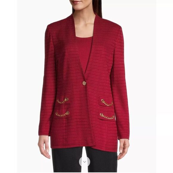 Misook Gold Chain Detail Textured Knit Jacket Red‎ Size Medium - Picture 1 of 10